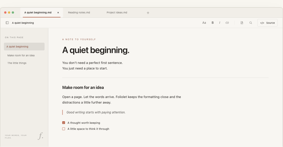 Foliolet website demonstration of its Markdown editor