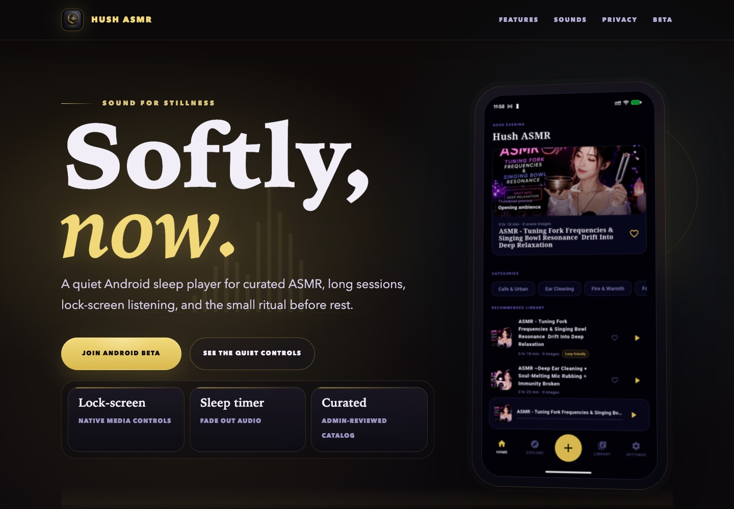 Hush ASMR landing page and Android sleep player preview