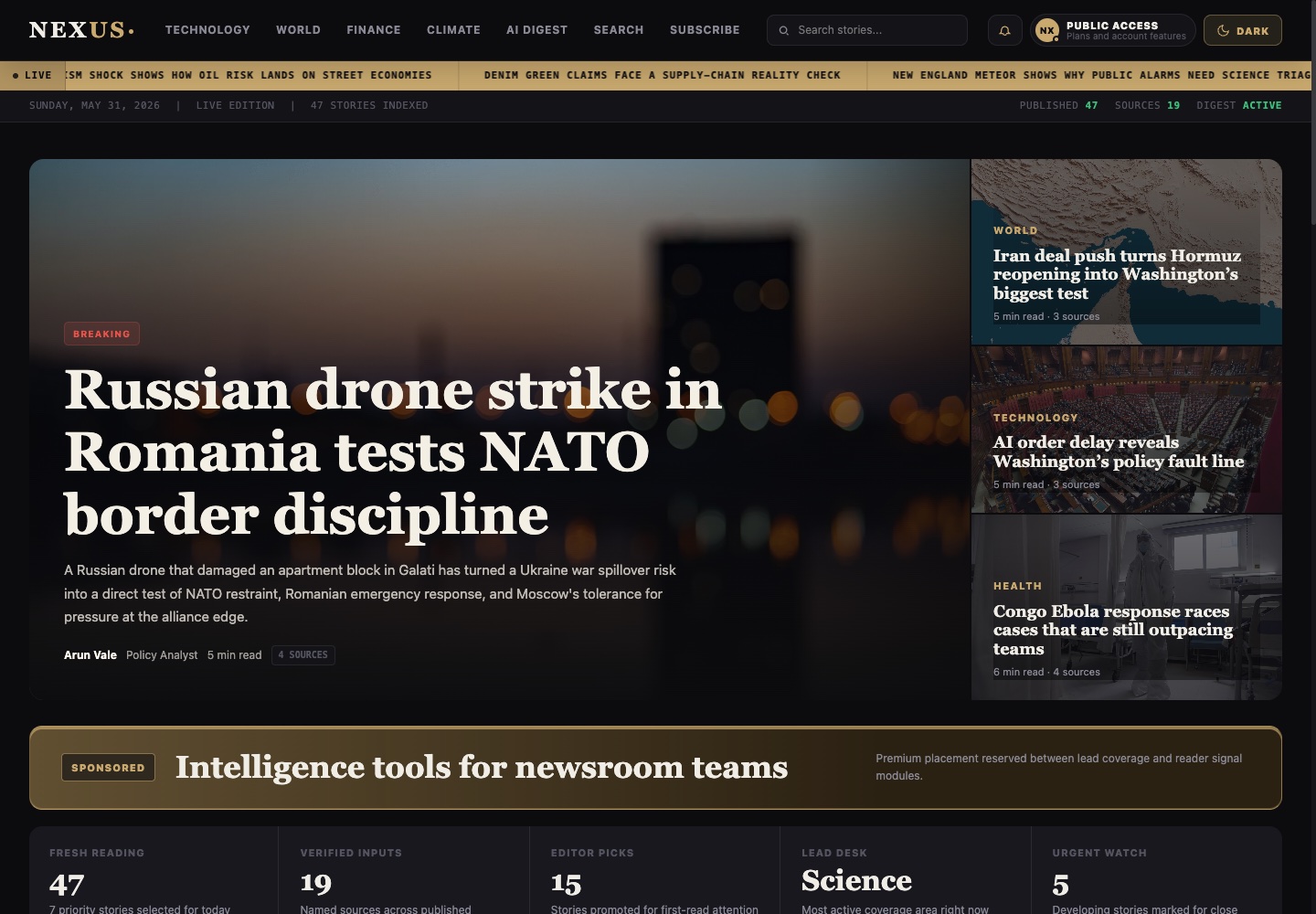 NEXUS News editorial intelligence homepage preview