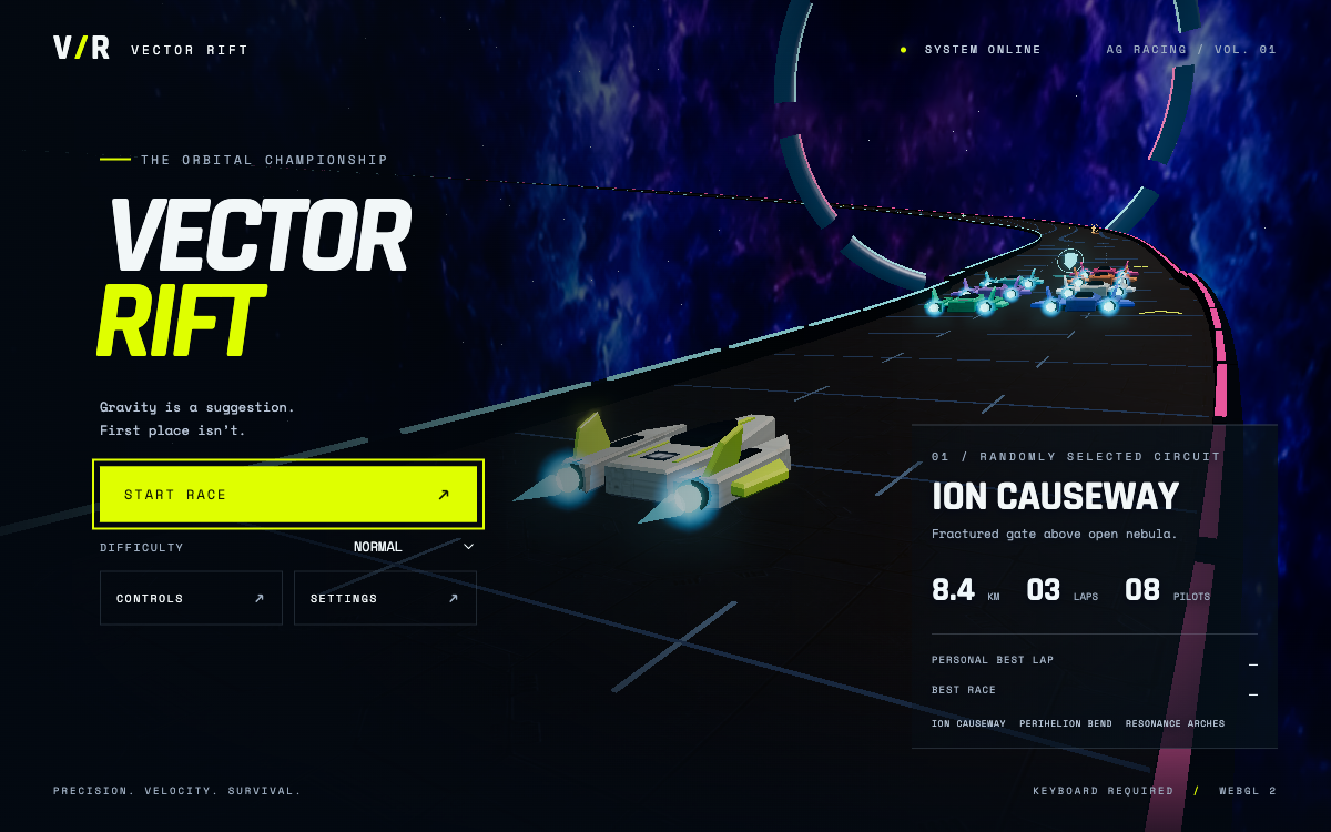Vector Rift anti-gravity racing game with spacecraft on a cosmic circuit